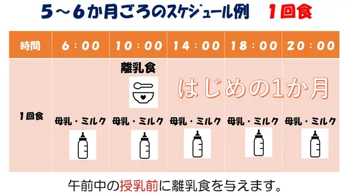 5、6か月頃のスケジュール例として、はじめの1か月は午前6時から午後8時まで4時間おきに母乳・ミルクを与えましょう。離乳食は午前中の授乳前に与えます。