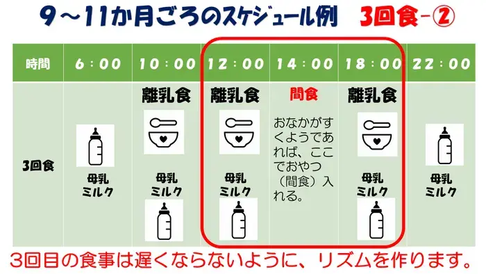 9から11か月頃のスケジュール例として、午前6時と午後10時は母乳のみ、午前10時、正午、午後6時に母乳・ミルクと離乳食を、午後2時におなかがすくようなら間食を。