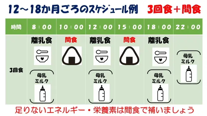 12から18か月頃のスケジュール例として、午前8時から午後6時まで4時間ごとに離乳食または母乳・ミルク、午前10時と午後3時に間食をし、足りないエネルギー・栄養素を補いましょう。
