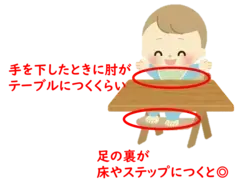 イラスト：手を下にしたときに肘がテーブルにつくくらい、足の裏が床やステップにつくとよい