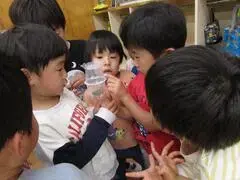 写真：虫の入ったカップを囲む子どもたち