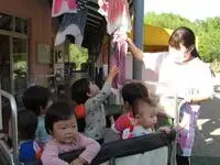 写真：散歩中にこいのぼりを見つけた様子