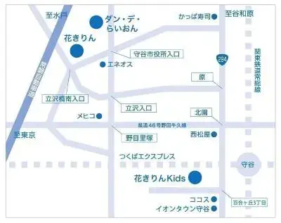 地図：守谷駅から国道294号を北上し、原交差点を左折。直進して龍沢橋南入り口の角の右手にあります。