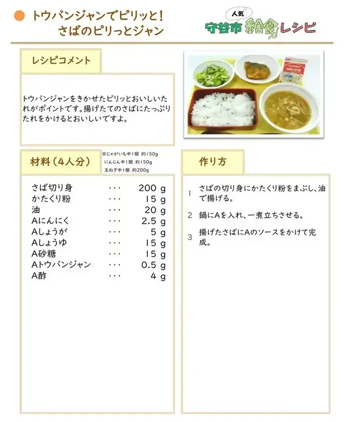 写真：さばのピリっとジャン　レシピ