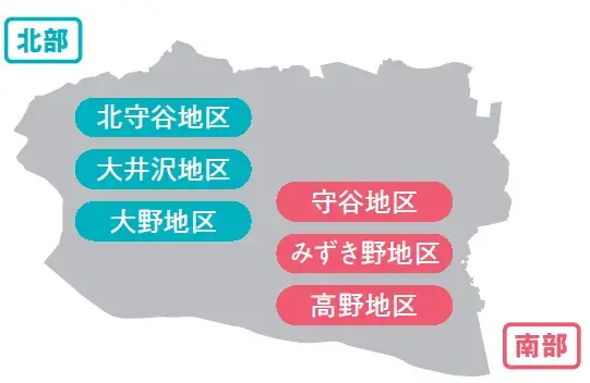 イラスト：地域包括支援センターの担当地区　北部：北守谷地区、大井沢地区、大野地区　南部：守谷地区、みずき野地区、高野地区