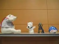 写真：体操するように手足を広げたぬいぐるみたちの様子