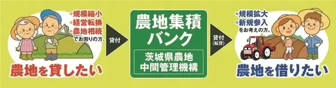イラスト：農地を貸したい人が農地中間管理機構に貸し付け、農地を借りたい人は農地中間管理機構から借り受ける仕組み。