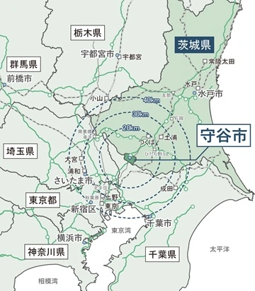 地図：守谷市が東京都から30キロメートル圏内に位置していることを示す図