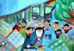 写真：みんなが笑顔で手を振っている絵