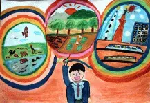 写真：大きなタワーや畑、生き物いっぱいの自然を思い浮かべている人の絵