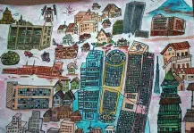 写真：カラフルなビルと戸建てが立ち並んでいる絵