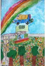 写真：空飛ぶ車とビルや自然がいっぱいな守谷の絵