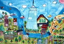 写真：大きなタワーを中心に緑と空が印象的な絵