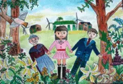 写真：花いっぱいの幸福の路をおばあちゃんたちと手をつないで歩く子の絵