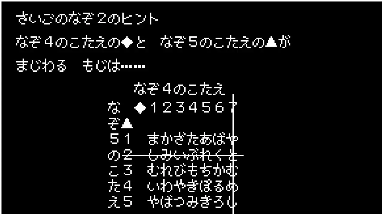 さいごのなぞ2のヒント　なぞ4のこたえのしかくと　なぞ5のこたえのさんかくが　まじわる　もじは……