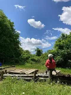 写真：青い空の下、帽子をかぶった子が木道の丸太に座ってお茶を飲んでいる様子