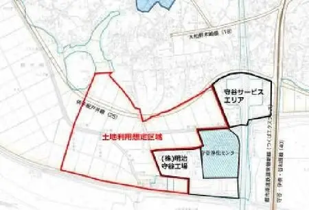 地図：守谷サービスエリア・守谷浄化センター・株式会社明治守谷工場の西側に隣接する形で供平板戸井線に沿って土地利用想定区域が広がっている様子を示した図