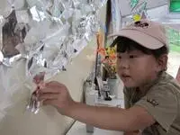 写真：壁に飾り付けする子