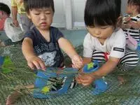 写真：笹に短冊を結ぶ子たち