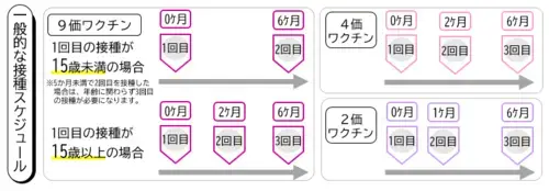 9価ワクチンを15歳未満で接種する場合は、1回目と2回目の接種間隔を半年以上空けて接種。9価・4価・2価のワクチンを15歳以上で接種する場合は半年で3回接種。