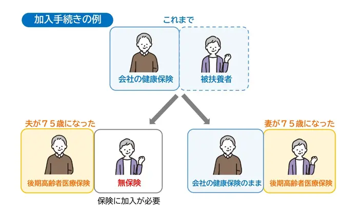 これまで夫が会社の健康保険で、妻がその被扶養者だった場合の加入例です。夫が75歳になり後期高齢者医療に加入すると、妻は無保険になるため別途保険に加入が必要です。夫ではなく妻が75歳になり、後期高齢者医療に加入した場合は、夫は会社の健康保険のままとなります。