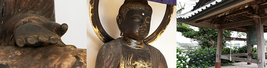 木造釈迦如来坐像の手元、顔、大円寺鐘撞堂の写真