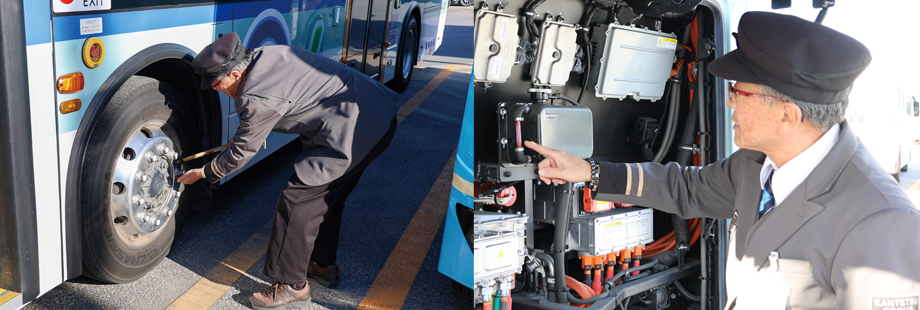 運転前に安全確認をする田中さんの写真