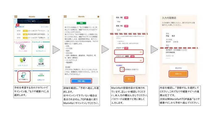もりや健康ナビ初回連携登録の方法です。Morinfoにサインインしたらもりや健康ナビを選択し、予約へ進むを選択した後必要事項を入力してください。