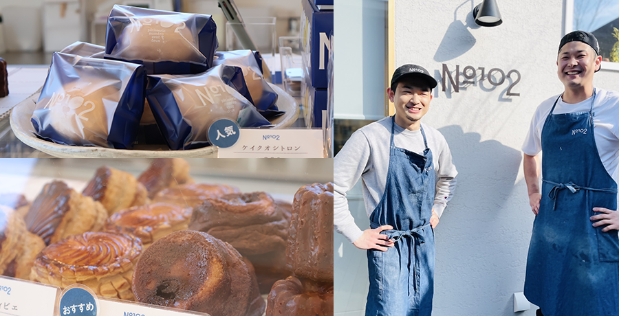 写真：オー ナーシェフの長谷川さんと従業員の方、レモンケー キと焼き菓子