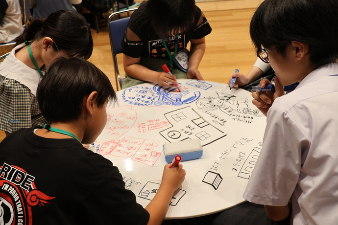 ワークショップを行う小中学生