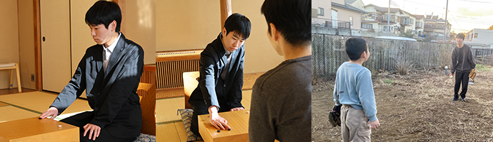 溝上大介さんの撮影での一コマ、歳の離れた弟さんとキャッチボールをして遊んでいる写真